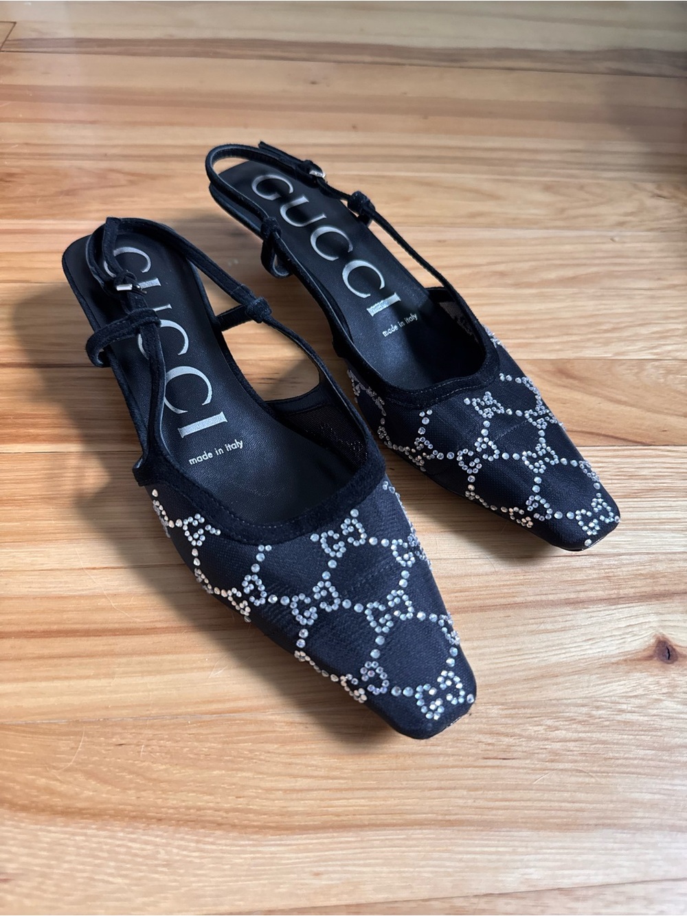 Gucci Tom GG Crystal kitten heel slingback shoes size 38 authentic
